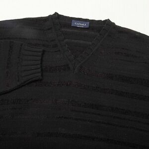 Canali Sweater Mens XL Black V Neck Open Knit Stripe Wool Blend Made Italy